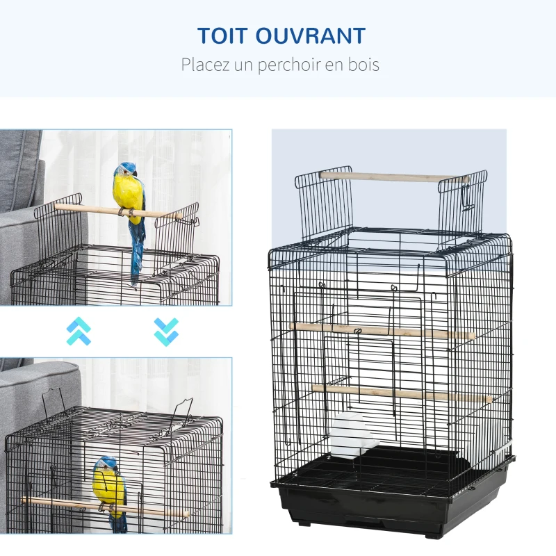 PawHut Cage à oiseaux en métal avec mangeoires perchoirs plateau amovible poignée dim. 40L x 40l x 59H cm noir
