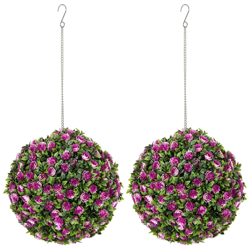 HOMCOM Set of 2 Decorative Artificial Plants, UV-protected Artificial Plant Topiary Rose Balls, Fake Plants for Home Indoor outdoor Decor, 28cm, Purple