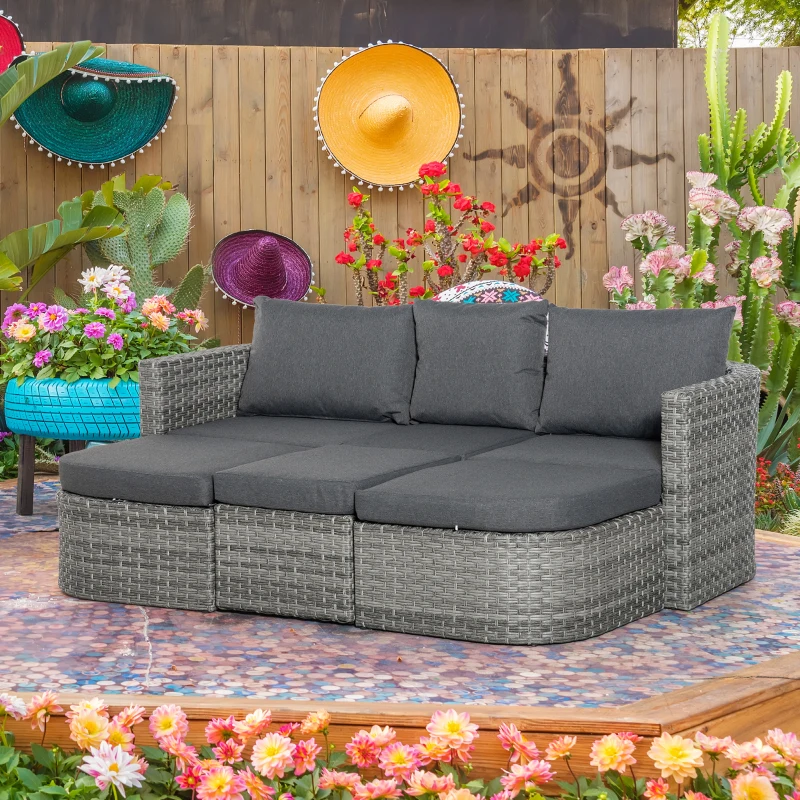Outsunny 3 Piece Rattan Garden Furniture Set with Cushions, Patio Wicker Conversation Double Chaise Lounge Furniture Set with Convertible Middle Table, Mixed Grey