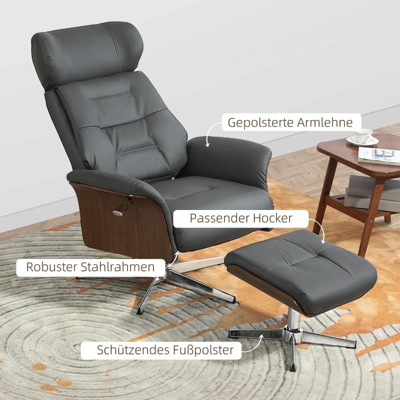 HOMCOM Relaxsessel mit Hocker, Liegefunktion, drehbar, Lederoptik, bis 150 kg, Dunkelgrau