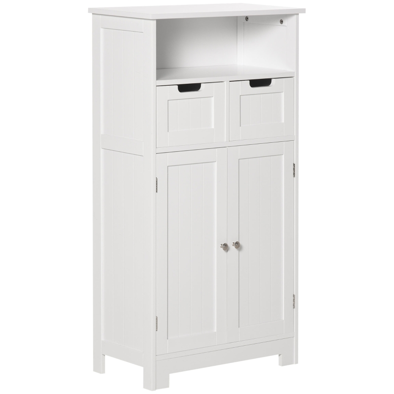 kleankin Armario de Baño con 2 Puertas Estante Ajustable 2 Cajones y Compartimento Abierto Mueble Auxiliar de Almacenaje para Salón Cocina 60x30x108,8 cm Blanco