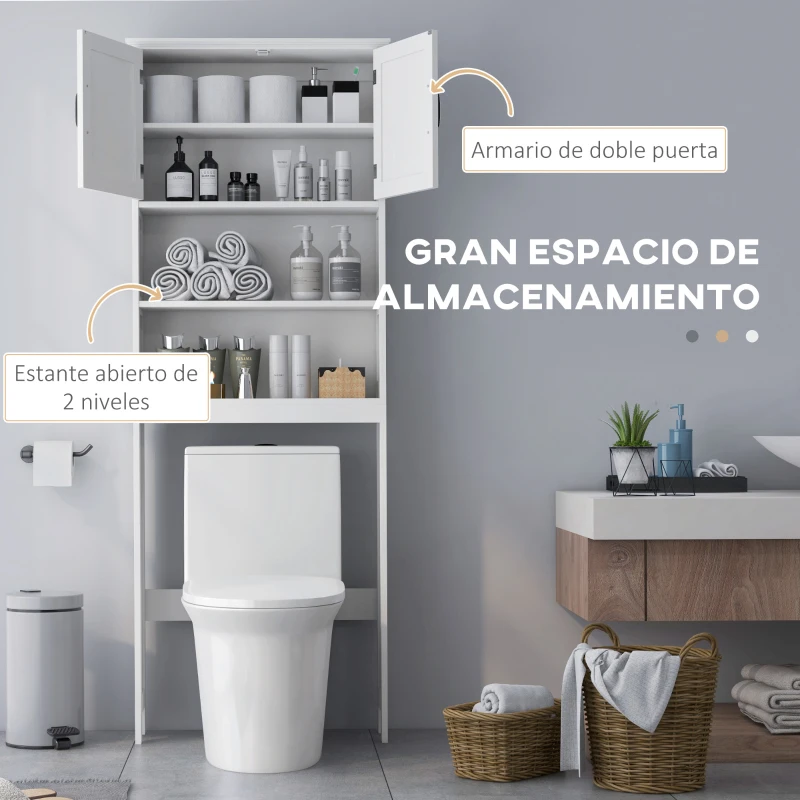 kleankin Mueble sobre Inodoro con 2 Puertas Estantes Abiertos y Estante Ajustable Mueble para Baño 66x23x178 cm Blanco