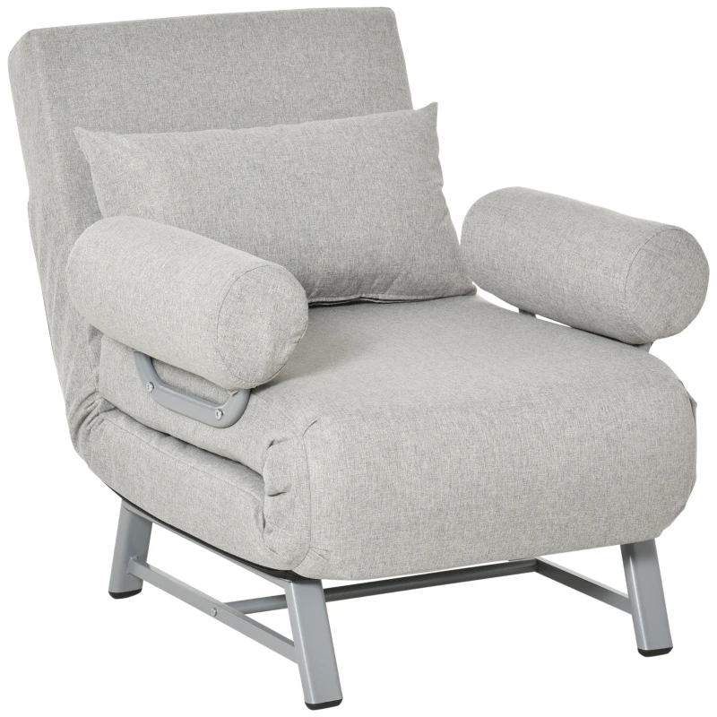 HOMCOM Fauteuil chauffeuse canapé-lit Convertible inclinable 1 Place Grand Confort Coussin lombaires accoudoirs piètement métal Lin Gris Clair
