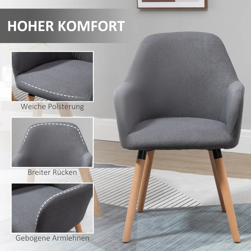 HOMCOM Esszimmerstuhl Wohnzimmerstuhl Bürostuhl Polsterstuhl Sessel mit Rückenlehne Anti-Rutsch Leinenstoff Schaumstoff Buchenholz Dunkelgrau+Natur 56 x 60 x 85 cm