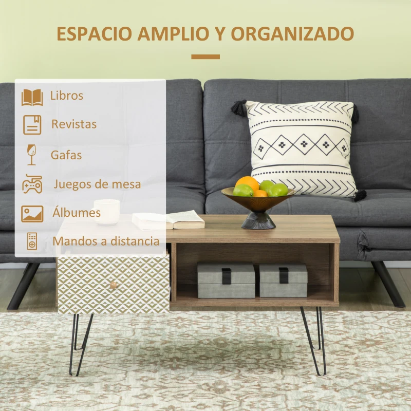 HOMCOM Mesa de Centro Estilo Boho con Cajón Estampado y Patas de Metal de Horquilla para Salón Oficina 90x45x46cm Madera