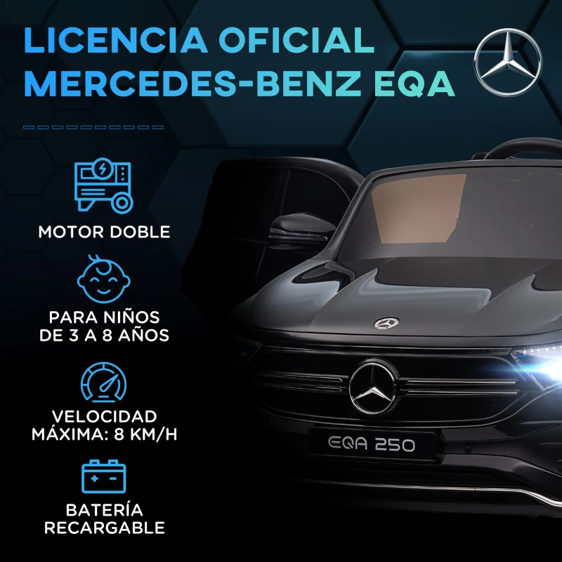 HOMCOM Coche Eléctrico para Niños Mercedes-Benz EQA 12V Control Remoto Música Bocina Velocidad 3-8 km/h  111,5x69x52,5 cm Negro