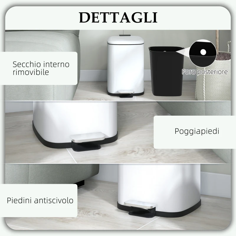 HOMCOM Bidone Immondizia da 12L a Pedale con Chiusura Silenziosa, in Metallo e PP, 24.5x32x34.5 cm, Bianco