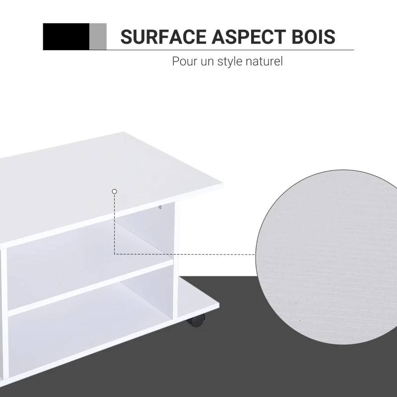 HOMCOM Meuble TV avec roulettes pivotantes, banc TV en bois avec étagères, support télé pour télévision jusqu'à 42 pouces, style contemporain pour salon chambre et bureau, 80 x 40 x 40 cm, blanc