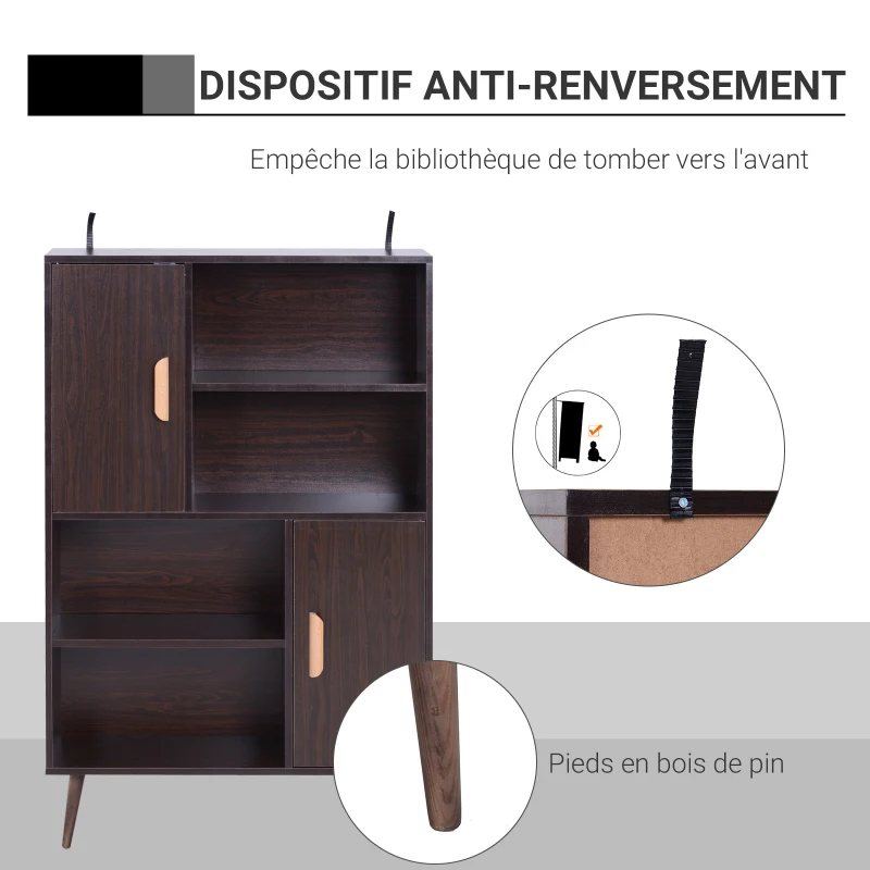HOMCOM Bibliothèque scandinave 4 niches + 2 placards avec étagère dim. 80L x 24l x 123H cm Pieds effilés inclinés Bois Massif Panneaux Particules wengé