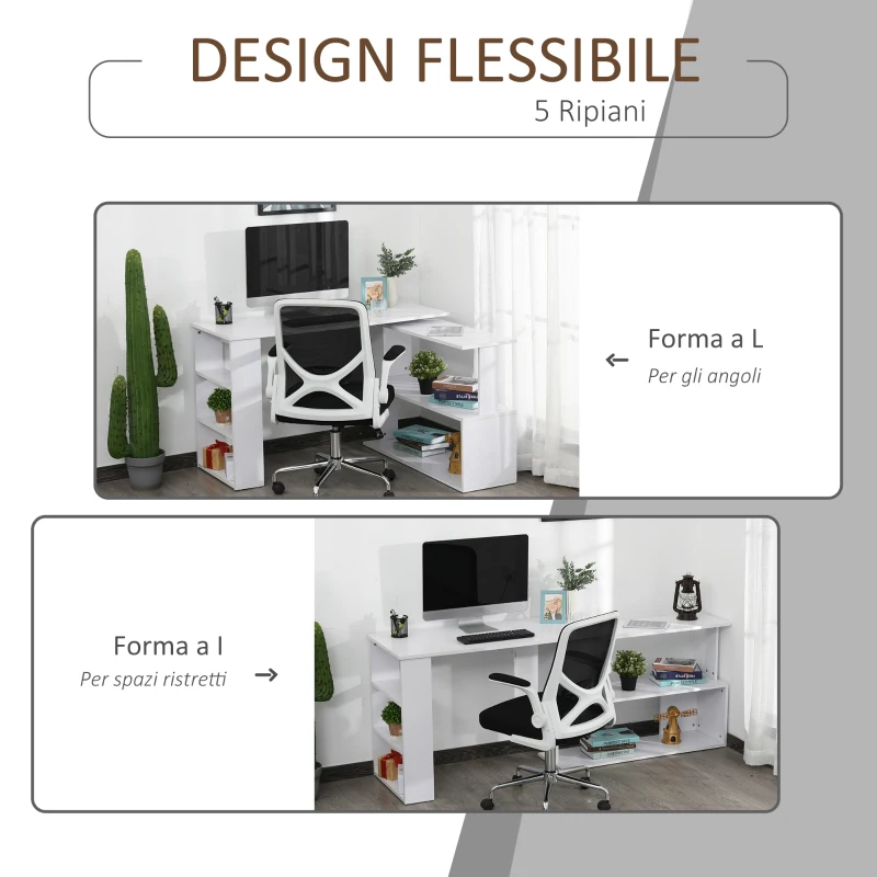 HOMCOM Scrivania ad Angolo con 5 Ripiani, 120 x 100 x 74.5cm, Bianca