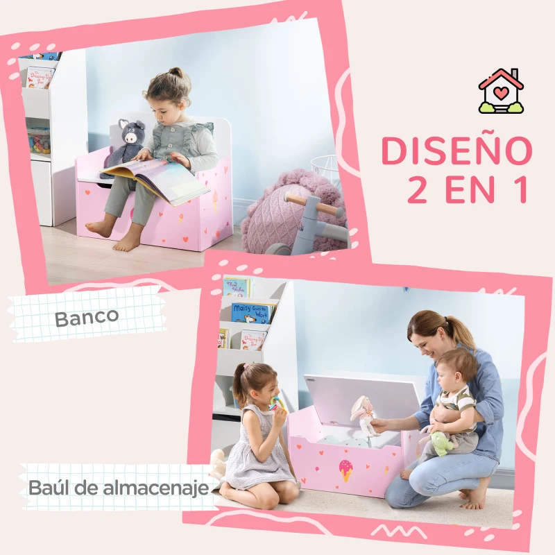 ZONEKIZ 2 en 1 Banco Infantil con Baúl de Almacenamiento para Niños de +18 Meses Carga 50 kg 60x30x50 cm Rosa