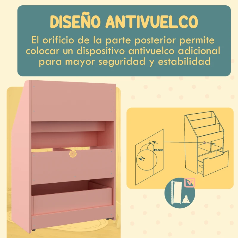 HOMCOM Estantería Infantil de Madera con 3 Compartimentos 2 Cubos y Cajón Móvil con 4 Ruedas 60x29,9x90 cm Rosa
