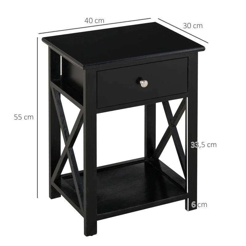 HOMCOM Lot de 2 table de chevet table d'appoint bout de canapé table de nuit avec un tiroir et étagère en bois noire