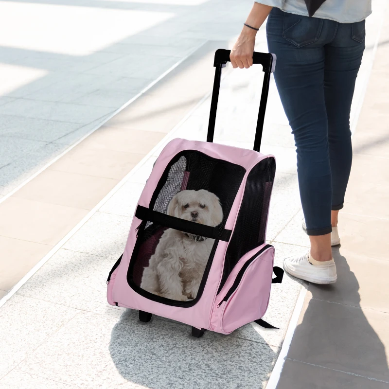 PawHut Trasportino Zaino 2 in 1 per Cani e Gatti con Tasche Laterali, Maniglia Telescopica e Ruote, 42x25x55cm, Rosa