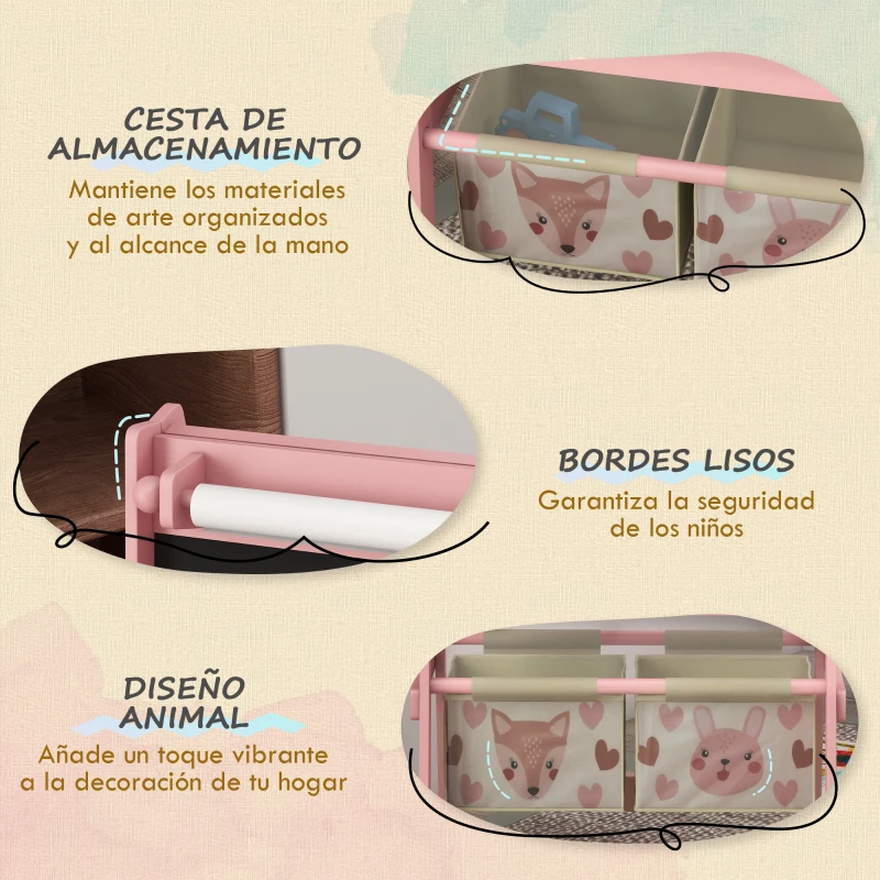 AIYAPLAY Caballete Infantil 3 en 1 Caballete para Niños de Doble Cara con Rollo de Papel Pizarras y 2 Cestas 54x46,5x93 cm Rosa