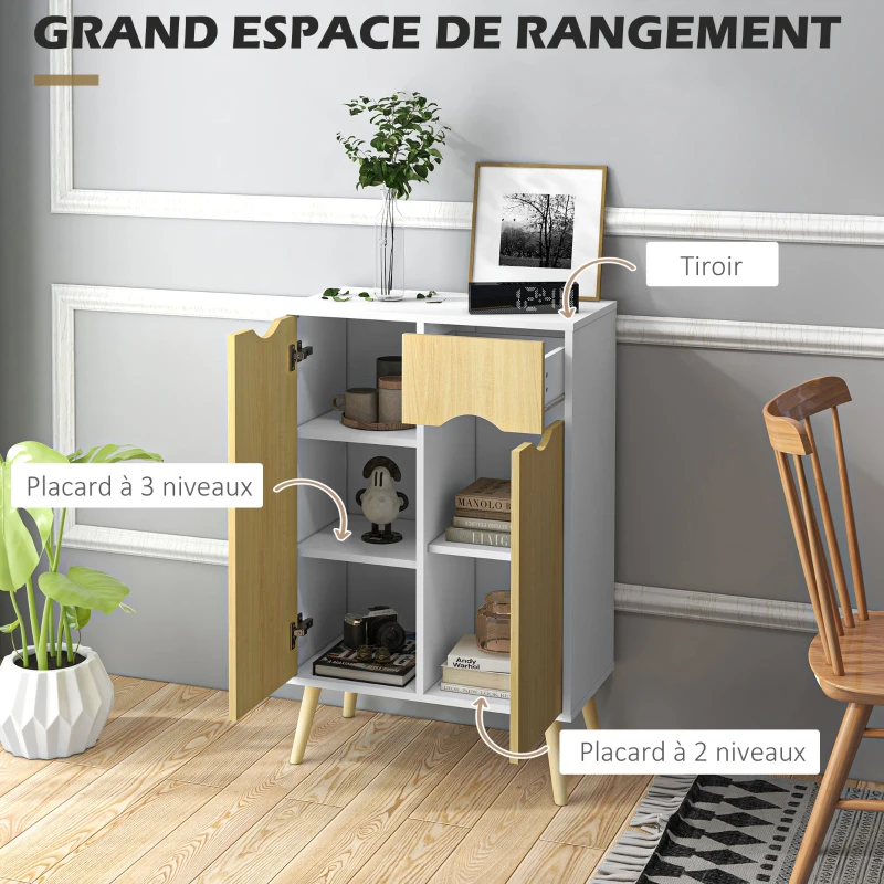 HOMCOM Buffet sur pied meuble de rangement scandinave 2 portes 1 tiroir 58 x 30 x 91 cm naturel blanc