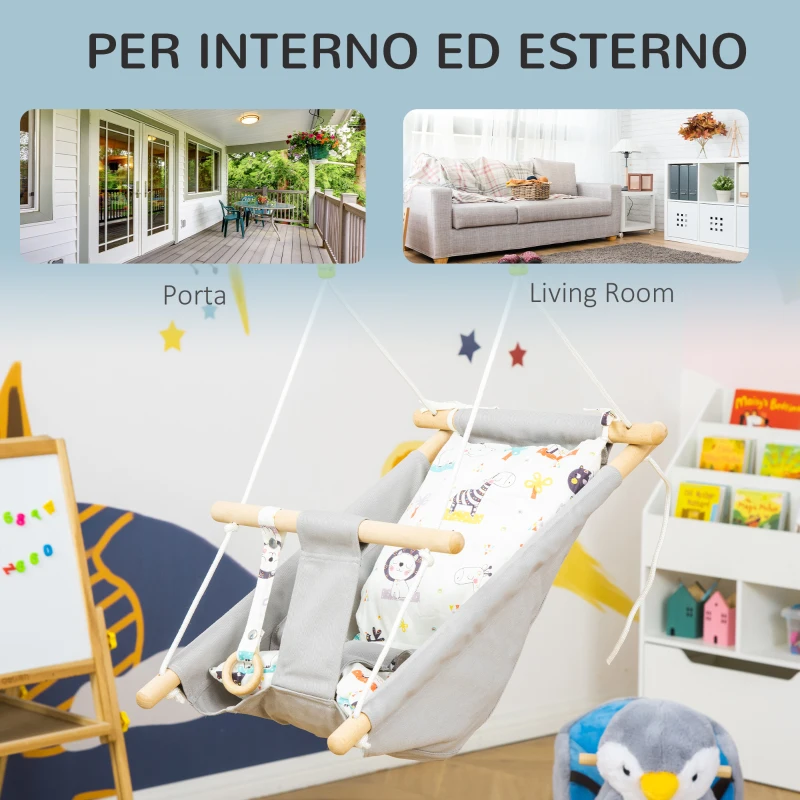 Outsunny Altalena per Bambini 6-36 Mesi in Legno e Cotone, 70x45x160cm, Grigio