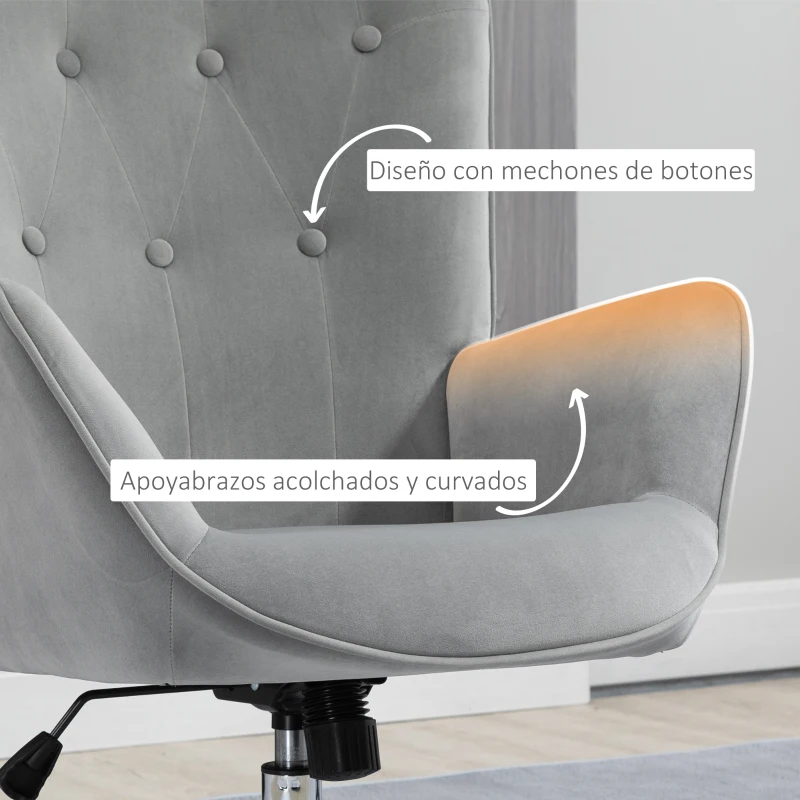 HOMCOM Sillón Individual Tapizado en Terciopelo Sillón con Altura Ajustable Giratorio 360° para 66x73x102,5-111,5cm Gris