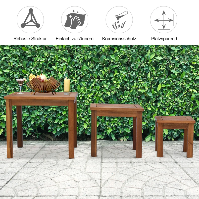 Outsunny 3er Set Couchtisch, Stapeltisch, Garten Beistelltisch, Geartentisch, Kaffeetisch, Akazie, Natur, 50 x 50 x 45 cm/39 x 39 x 36 cm/28 x 28 x 27,5 cm