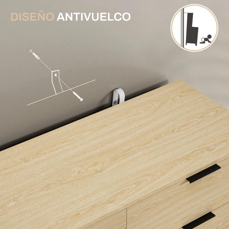 HOMCOM Cómoda para Dormitorio Moderno con 6 Cajones Diseño Anti-vuelco Cajonera para Salón Pasillo 110x40x75 cm Roble