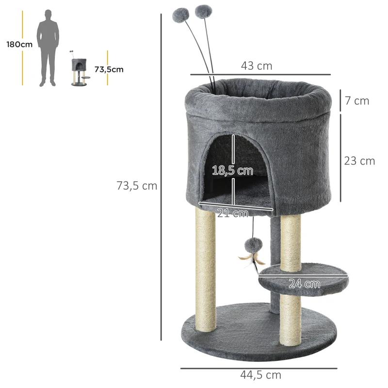 PawHut Kratzbaum inkl. Spielzeug, 1 Katzenhöhle, 1 Katzenbett, 44,5 cm x 44,5 cm x 73,5 cm, Natur+ Grau