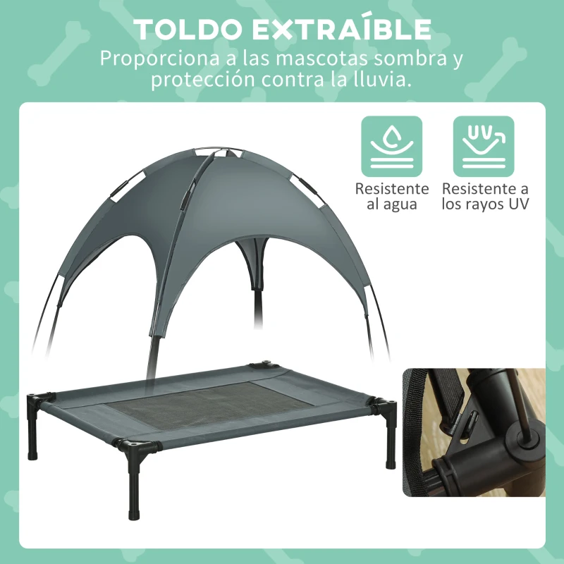 PawHut Cama Elevada para Mascotas Portátil con Toldo Extraíble Tela Transpirable al Aire Libre para Interior y Exterior 76x61x73 cm Gris