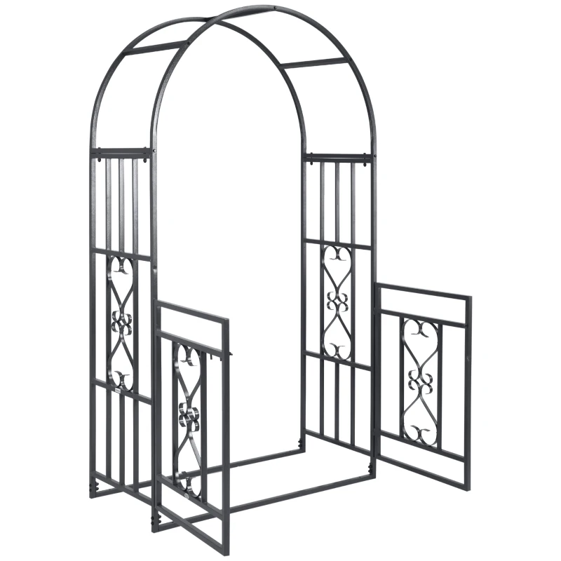 Outsunny Outdoor Garden Arch with Double Gates, Metal Garden Arbor for Climbing Plants, Roses, Vines, Wedding Arch for Outdoor, 114L x 50W x 206H cm, Dark Grey