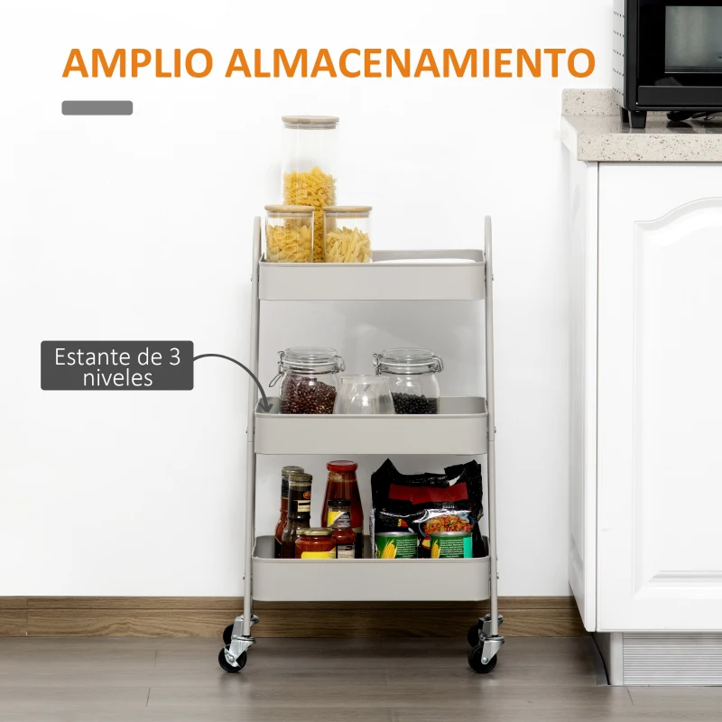 HOMCOM Carrito Auxiliar con Ruedas Carro de Almacenaje de 3 Niveles para Baño Salón Cocina Oficina 45x31x79,4 cm Gris