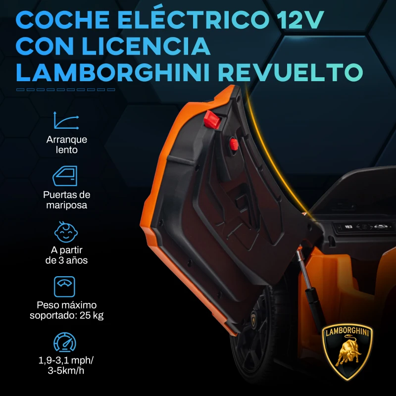AIYAPLAY Coche Eléctrico para Niños de +3 Años Lamborghini Revuelto con Mando a Distancia Faros LED Bocina Música Naranja