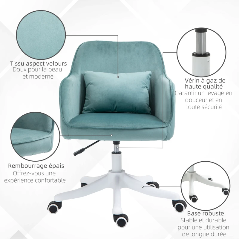HOMCOM Chaise de bureau velours fauteuil bureau massant coussin lombaire intégré hauteur réglable pivotante 360° vert