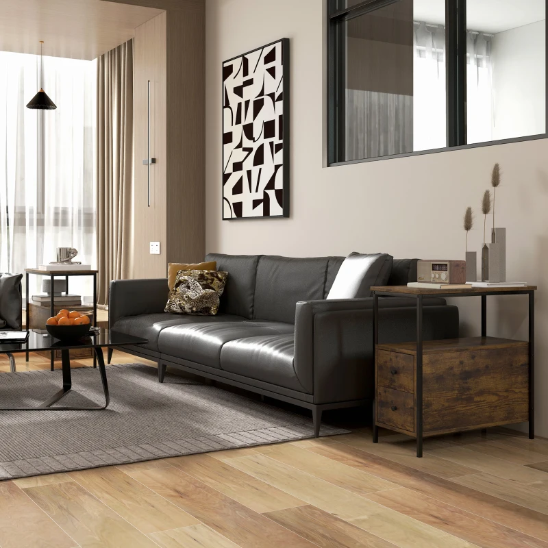 HOMCOM Set of 2 Side Table, Narrow Bedside Table with 2 Drawers and Storage Shelf, Industrial End Table with Metal Frame for Small Spaces, Rustic Brown