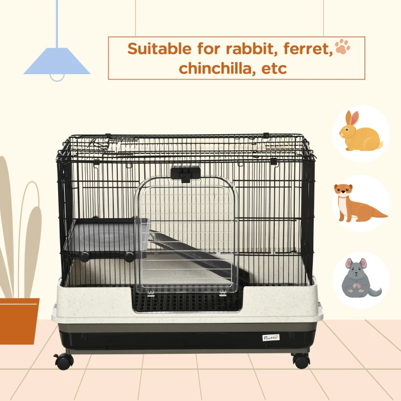 PawHut 2 Tier Rolling Small Animal Rabbit Cage Chinchillas Hutch Pet Play House with Platform Ramp Removable Tray 80 x 52.7 x 66 cm