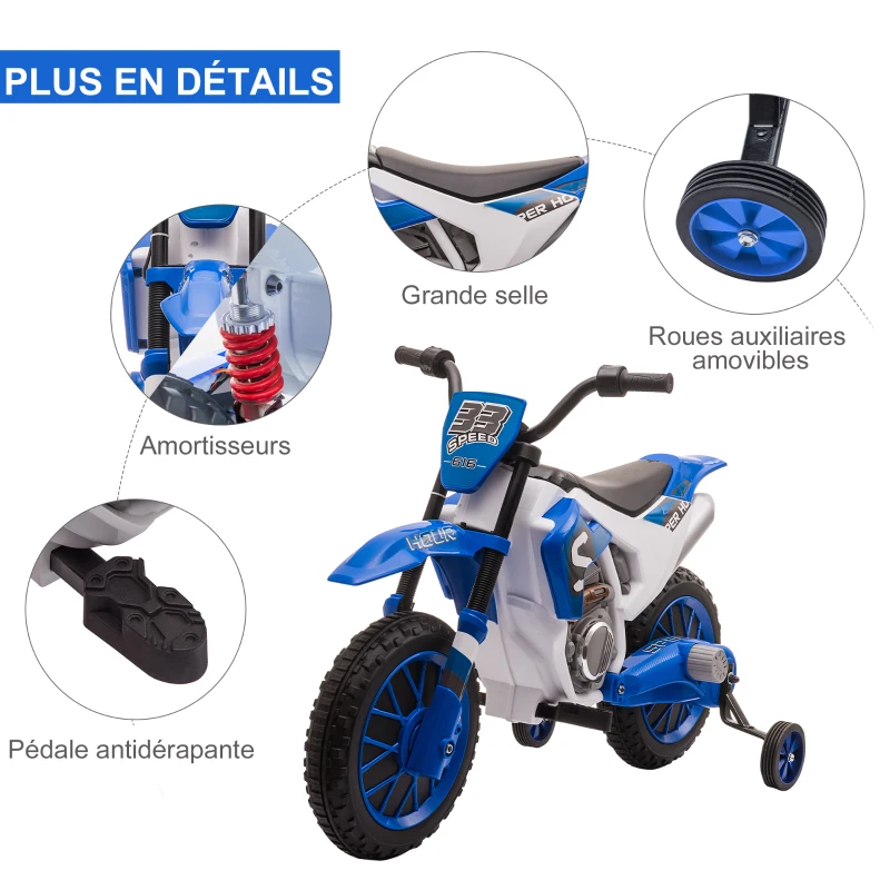 HOMCOM Moto Cross électrique Enfant 3 à 5 Ans 12 V 3-8 Km/h avec roulettes latérales Amovibles dim. 106,5L x 51,5l x 68H cm Bleu(m-7)