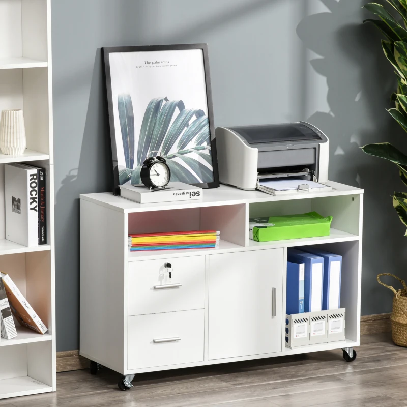 HOMCOM Support d'imprimante organiseur bureau caisson placard + 2 tiroirs + niches + grand plateau panneaux particules blanc
