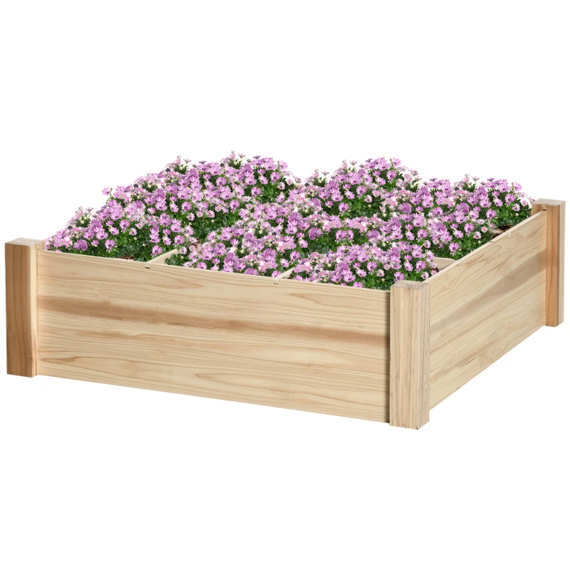 Outsunny Huerto Urbano de Madera Cuadrada 90x90x28 cm con 9 Compartimentos Extraíbles Arriate de Jardín para Cultivos Plantas Flores Natural