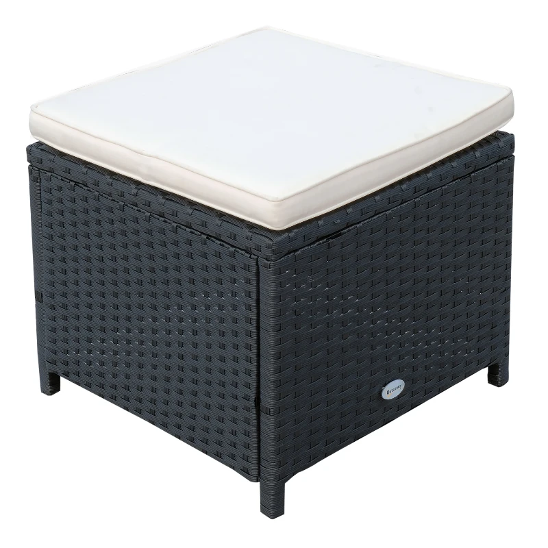 Outsunny Ensemble salon de jardin encastrable 10 places 6 fauteuils monoblocs 4 tabourets coussins déhoussables crème table plateau verre trempé résine tressée 4 fils noire