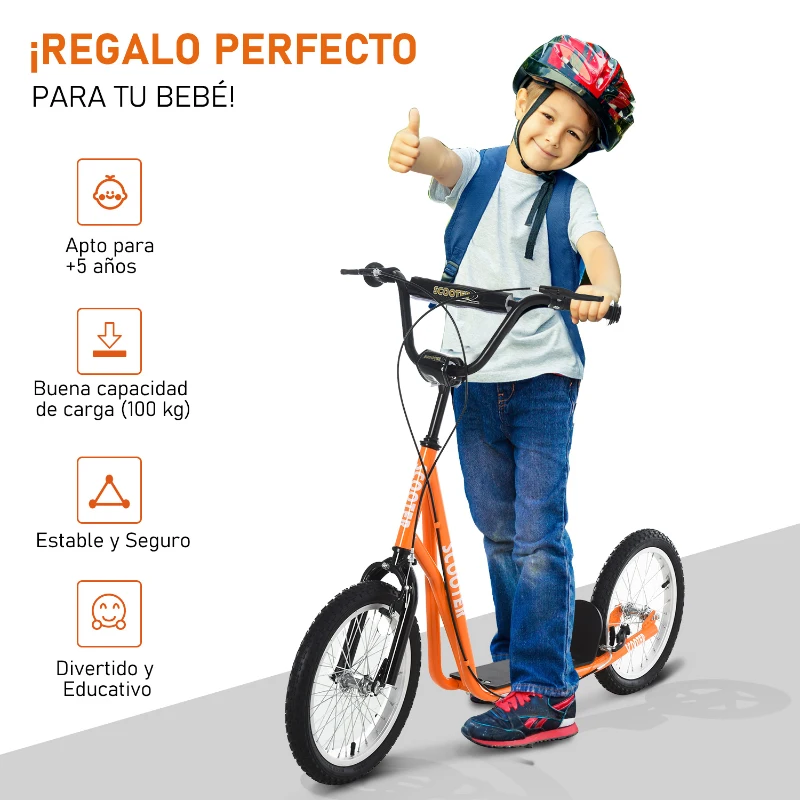 HOMCOM Scooter Patinete para Niños +5 Años y Adolescentes con Manillar Ajustable en Altura 2 Neumáticos de Caucho Inflable con Doble Freno y Ruedas 16" Carga 100 kg 139x58x90-96 cm Naranja