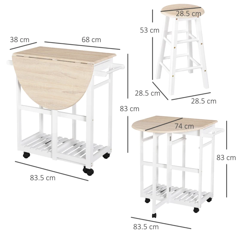 HOMCOM Carrello da Cucina Pieghevole, Mobile da Cucina Salvaspazio con 2 Sgabelli 2 Cassetti 5 Ruote (Rotazione 360°), Legno MDF Bianco