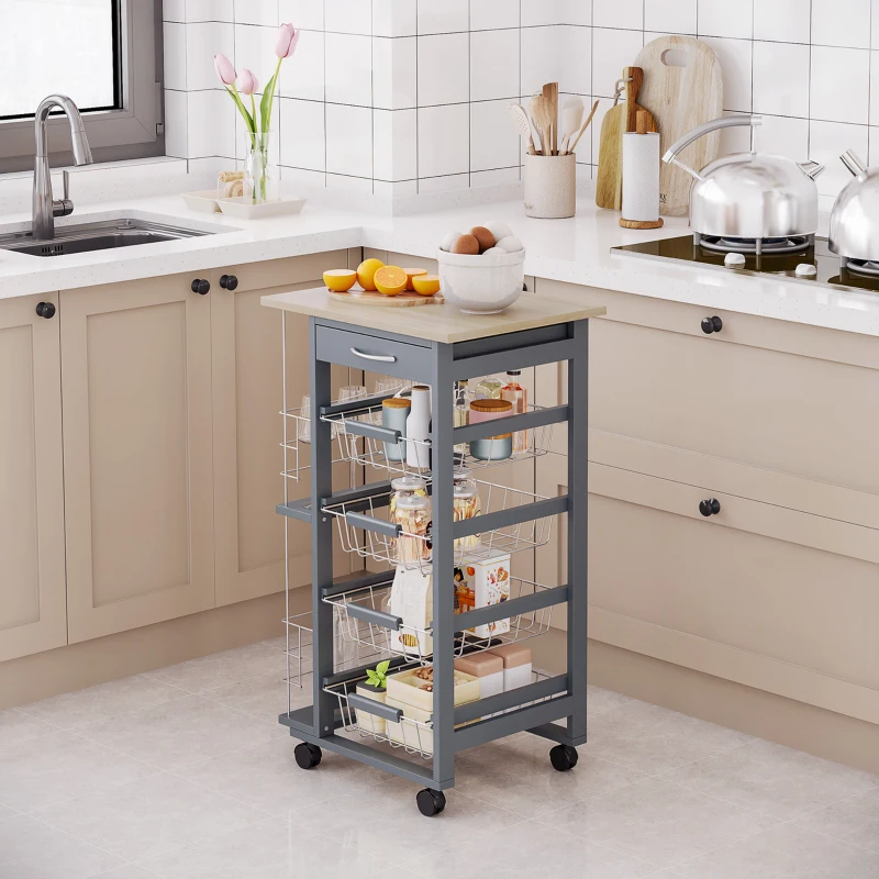 HOMCOM Rolling Kitchen Cart, Utility Storage Cart with 4 Basket Drawers & Side Racks, Wheels for Dining Room, Grey