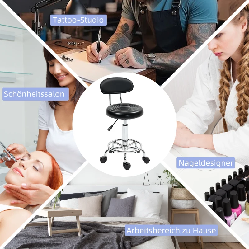 HOMCOM Rollhocker, Drehbarer und verstellbarer Hocker mit Rückenlehne, Kunstlederbezug, Fußstütze, für Frisiertische, Schwarz