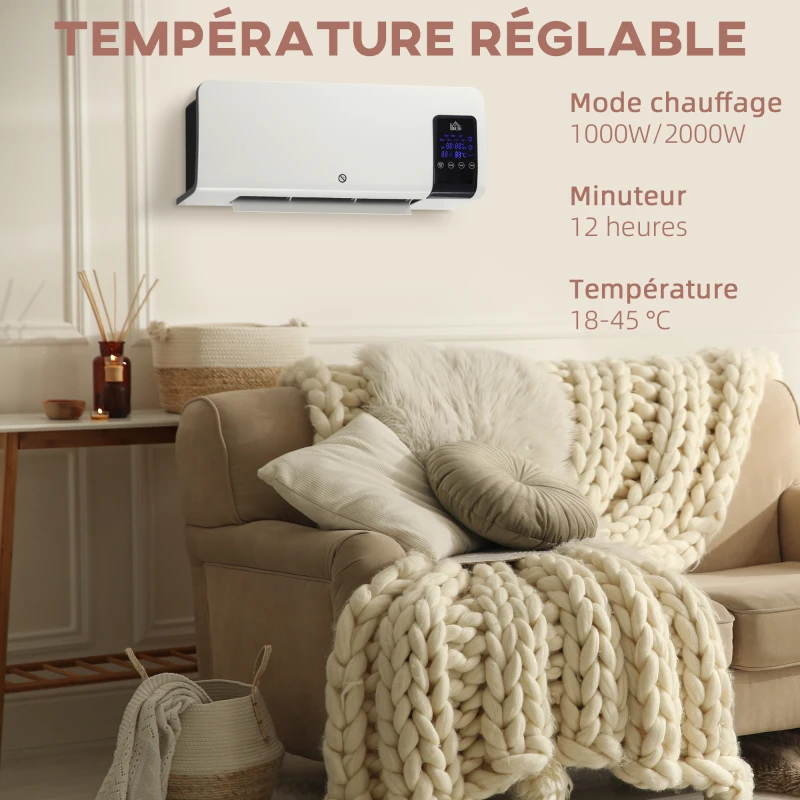 HOMCOM Radiateur soufflant mural chauffage céramique PTC - 1000 W / 2000 W oscillation minuterie avec télécommande blanc