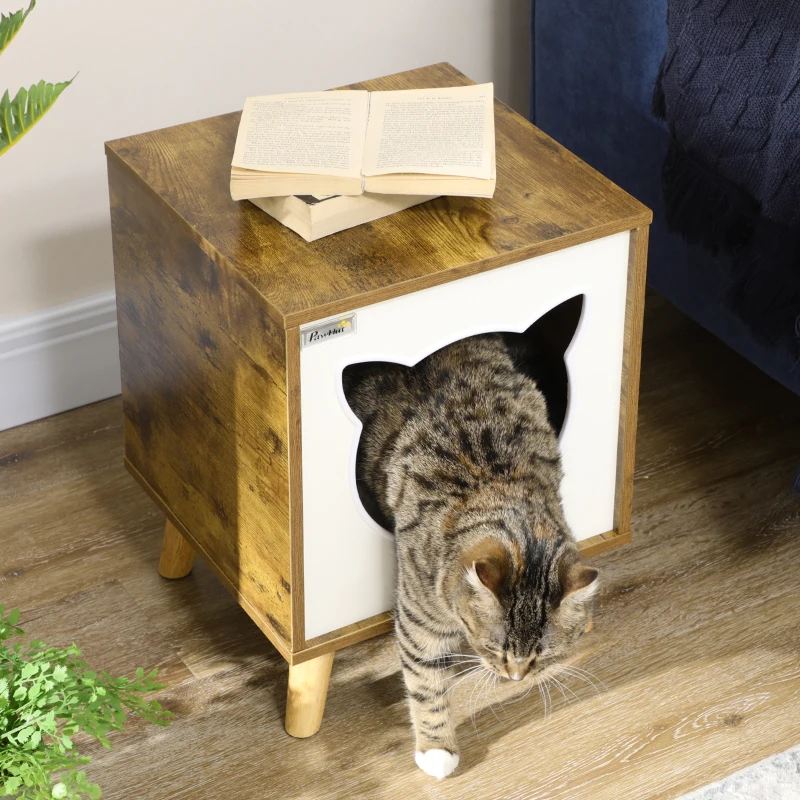 PawHut Caseta de Madera para Gatos Casa para Gatos Interior con Cojín Lavable y Patas Elevadas 34x34x44,5 cm Marrón
