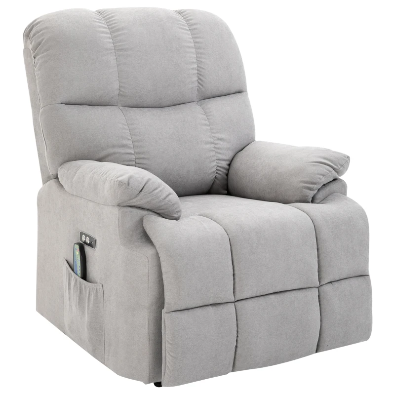 HOMCOM Sessel mit Aufstehhilfe, Massagesessel, Relaxsessel mit USB-Anschluss, Fernsehsessel mit Fernbedienung, Seitentasche, Neigebarer TV-Sessel mit Samtoptik, Grau