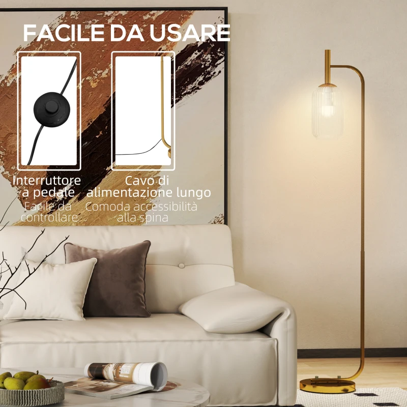 HOMCOM Lampada da Terra Moderna con Paralume in Vetro e Interruttore a Pedale per Lampadine E27, Oro