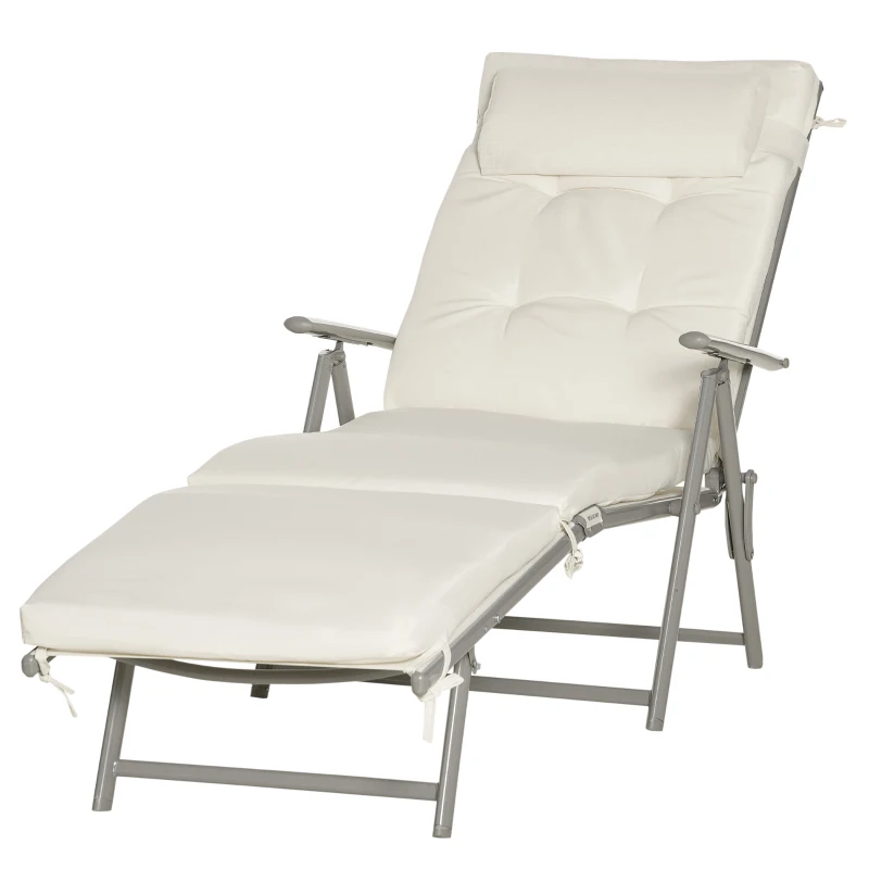 Outsunny Sun Lounger Steel Frame Outdoor Folding Chaise Texteline Lounge Chair Recliner with Headrest & 7 Levels Adjustable Backrest, Cream White