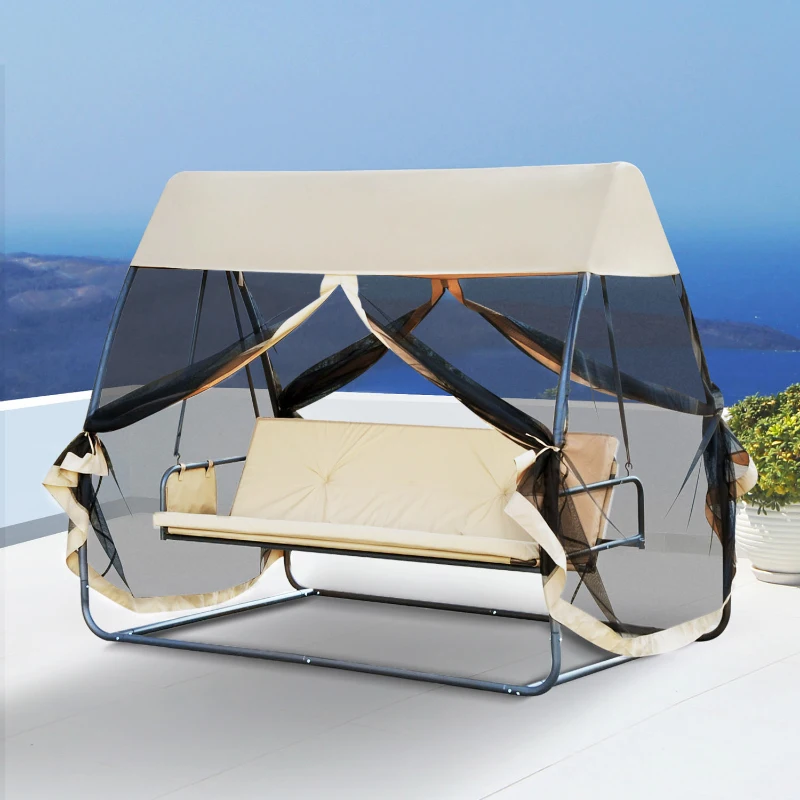 Outsunny Balancelle de Jardin Convertible 3 Places Grand Confort : Matelas Assise Dossier, moustiquaire intégrale zippée avec Toit, Pochette Rangement métal époxy Polyester Beige