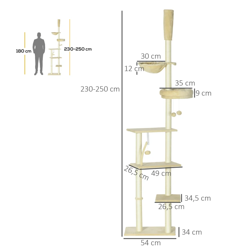 PawHut Árbol para Gatos de Suelo a Techo de 230-250 cm con Altura Ajustable Múltiples Plataformas Cestos Hamaca Bolas Beige