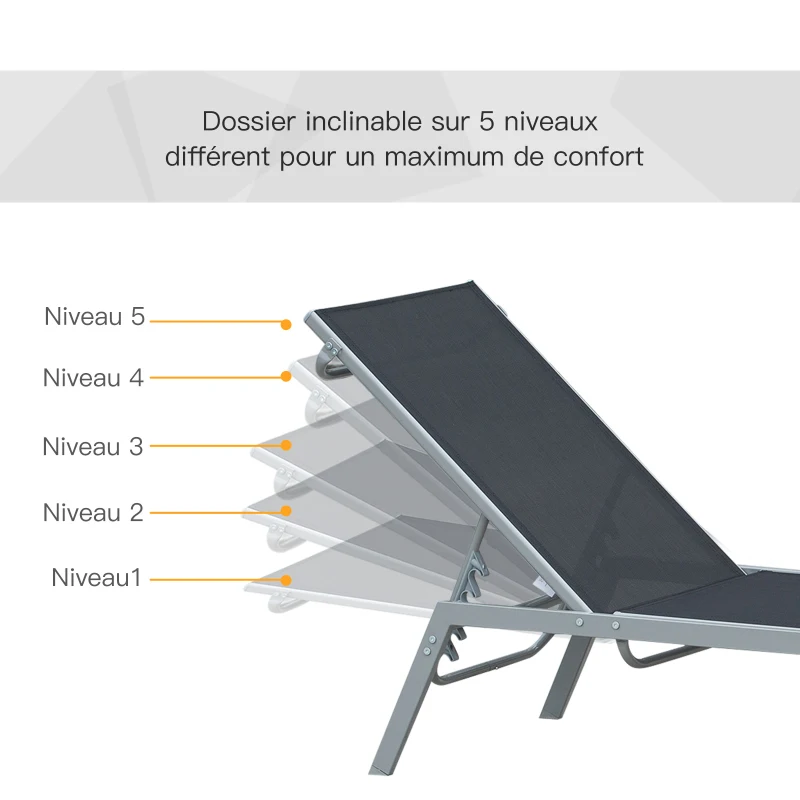 Outsunny Bain de Soleil transat - Chaise Longue - Design Contemporain - Dossier inclinable Multi-Positions - métal époxy textilène Noir - dim. 170 x 58 x 97 cm