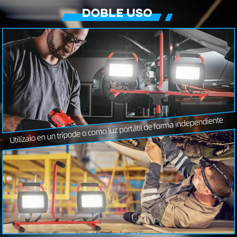 HOMCOM Foco LED Doble con Trípode Plegable 8500 Lúmenes IP65 6500K y Cabezas Ajustables para Trabajo Interior y Exterior Rojo