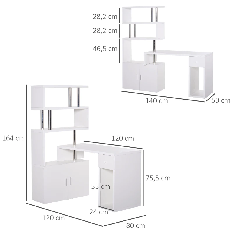 HOMCOM Schreibtisch in L-Form/I-Form Eckschreibtisch Computertisch Kombination-Tisch mit Bücherregal und Schublade Wabenplatte Edelstahl Weiß 120x80x164 cm